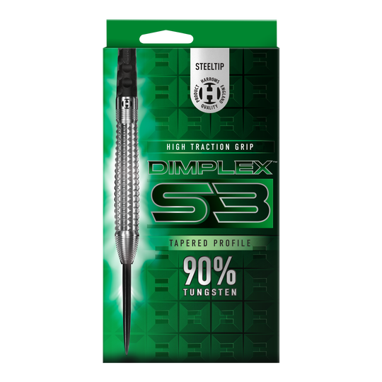 Dardos de acero cónicos Harrows Dimplex S3 Das Bild zeigt die Verpackung der "Harrows Dimplex S3 Tapered Steeldarts". Die Verpackung ist grün und hebt den hohen Wolframanteil von 90% sowie den hohen Grip hervor.