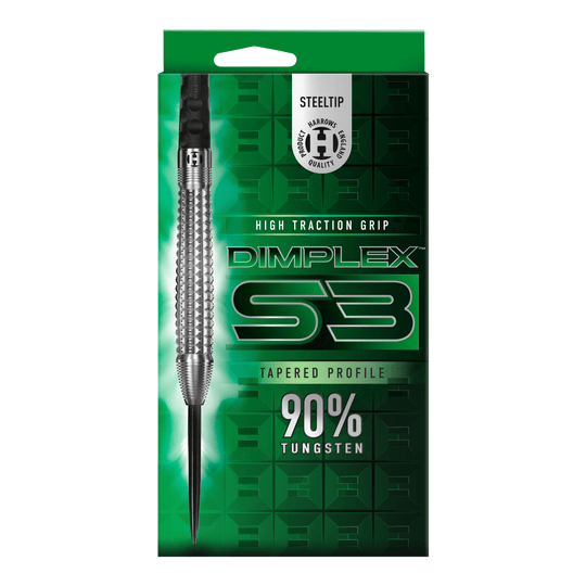 Dardos de acero cónicos Harrows Dimplex S3 Mehrere Harrows Dimplex S3 Tapered Steeldarts sind aus verschiedenen Blickwinkeln zu sehen. Die Darts sind farbig gestaltet.