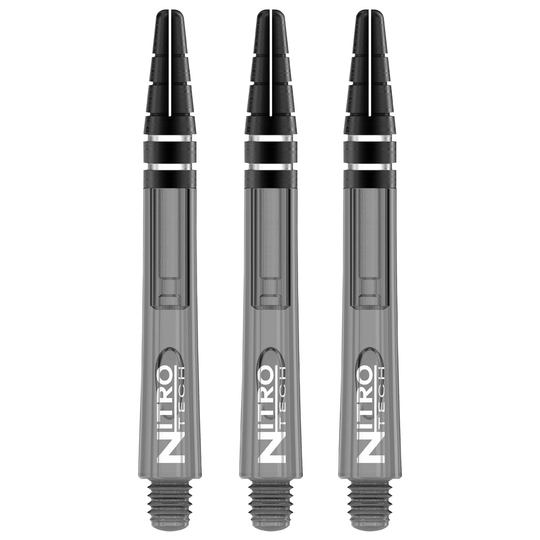 C448_Nitrotech_Medium_Black_Tint_V Das Bild zeigt drei RedDragon Nitrotech Shafts in schwarzer Tönung. Sie stehen nebeneinander und sind für Dartpfeile gedacht.