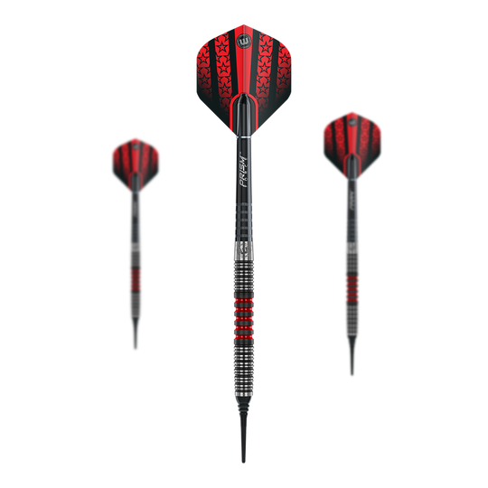 Dardos blandos Winmau Joe Cullen Das Bild zeigt drei Winmau Joe Cullen Softdarts mit roten und schwarzen Flights. Die Darts haben einen silbernen Schaft mit roten Akzenten und eine schwarze Spitze.