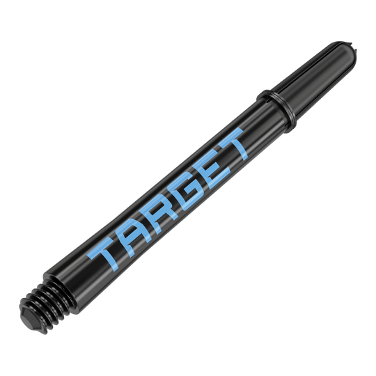 Varillas Target Pro Grip TAG - 3 juegos - Negro y azul Das Bild zeigt einen schwarzen Dart-Schaft mit blauer Schrift, auf dem "TARGET" steht. Der Schaft hat ein Gewinde am Ende zur Befestigung am Dartpfeil.