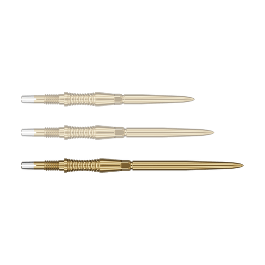 Puntas de dardos Target Swiss Point Signature RST - Oro Das Bild zeigt eine Target Swiss Point Dartspitze Signature RST in Gold, 42mm. Diese Dartspitze ist länglich und für professionelle Anwendungen konzipiert.