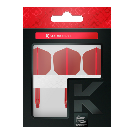 Sistema de vuelo Target K-Flex No6 - Rojo Das Bild zeigt eine Verpackung mit drei roten Dartflights und Schäften. Die Marke "Target" und die Produktbezeichnung "K-Flex No6 Shape" sind auf der Verpackung sichtbar.
