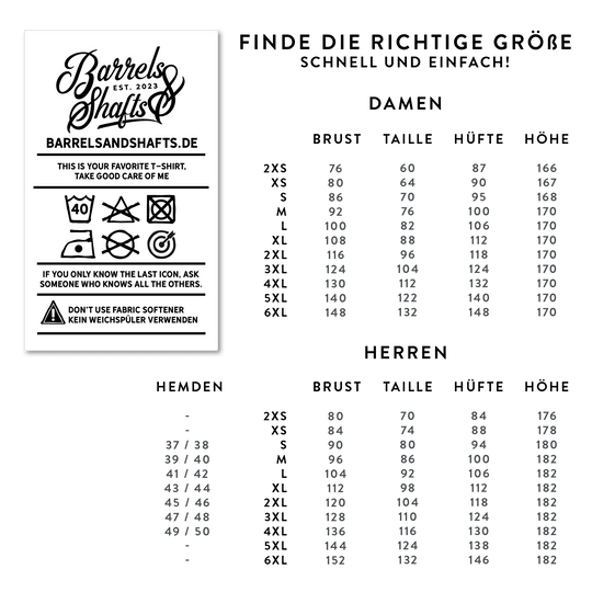 Camiseta Barriles y Ejes - Mujer - Negro Das Bild zeigt eine Größentabelle für Damen- und Herren-T-Shirts der Marke "Barrels and Shafts". Links sind Pflegehinweise für das T-Shirt abgebildet, rechts finden sich die Maße für die verschiedenen Größen.