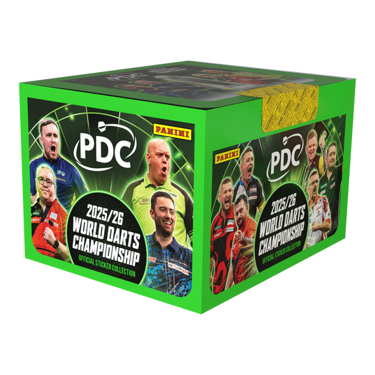 Panini PDC Campeonato Mundial de Dardos 2025/26 - Caja de cromos con 65 paquetes Dies ist die Panini PDC World Darts Championship 2025/26 Stickerbox mit 65 Tüten. Die Box ist für das Sammeln von Stickern zur Darts-Weltmeisterschaft geeignet.