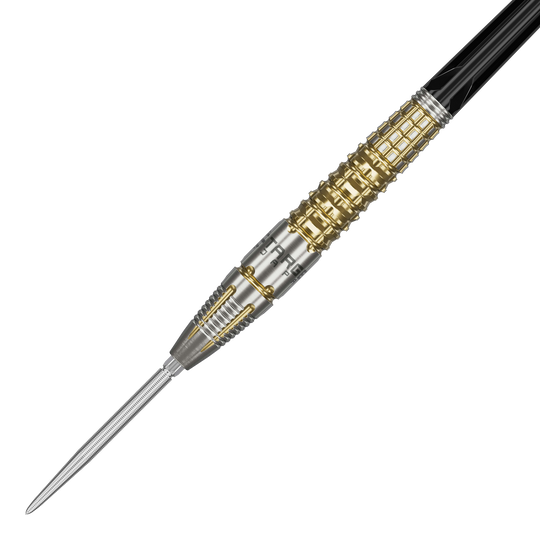 Dardos de acero Target Black Marque Warrior Swiss Point Das Bild zeigt einen Target Black Marque Warrior Swiss Point Steeldart. Der Dart ist silber und goldfarben mit auffälligen Rillen und einem spitzen Metallende.