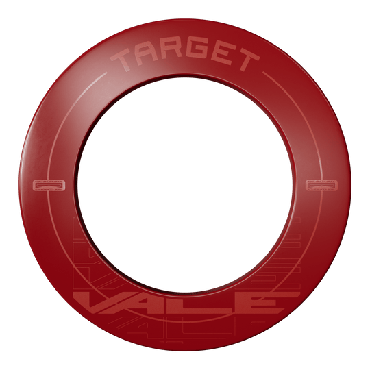 Marco para tablero de dardos Target VALE Das Bild zeigt einen roten Dartboard-Surround mit der Aufschrift "TARGET VALE". Der Surround ist rund und schützt die Wand rund um die Dartscheibe.