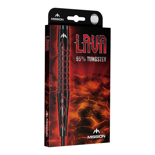 Misión Lava Steeldarts Die Abbildung zeigt die Verpackung der Mission Lava Steeldarts. Auf der Schachtel steht "Lava 95% Tungsten" vor einem feurigen Lava-Hintergrund.