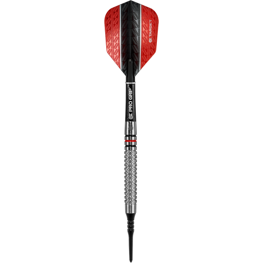 Dardos blandos Target Vapor8 05 - 18 g Das Bild zeigt einen Target Vapor8 05 Softdart mit einem Gewicht von 18 Gramm. Der Dart hat eine rote und schwarze Flight, einen silbernen Barrel mit Griffstruktur und einen schwarzen Schaft.