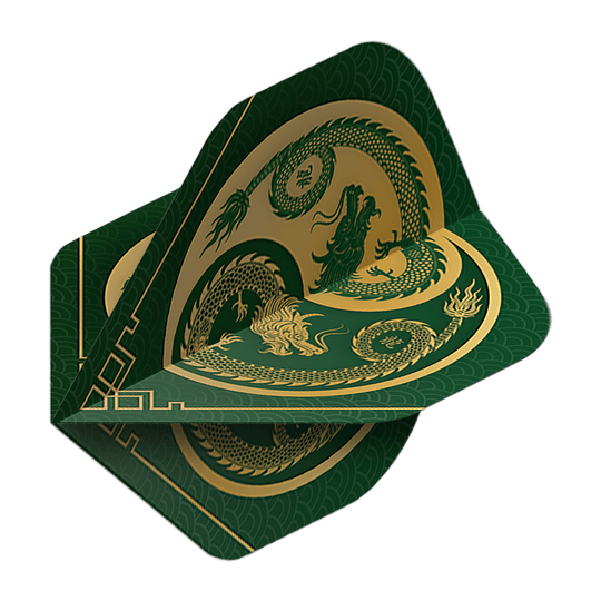 Vuelos de pentatlón Dragón verde Das Bild zeigt die Pentathlon Dragon 3 Standard Flights. Sie sind grün mit einem goldenen Drachenmotiv verziert.
