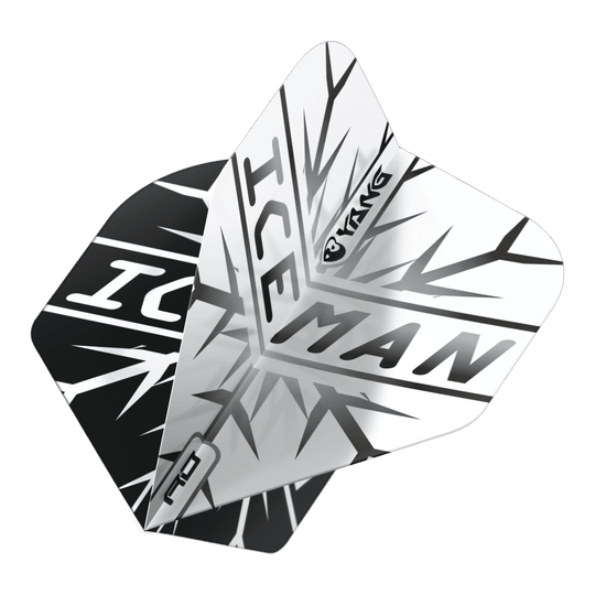 Vuelos estándar Red Dragon Gerwyn Price Iceman Black White Yin Yang Das Bild zeigt zwei Dartflights in Schwarz und Weiß mit dem Schriftzug "ICEMAN" und einem auffälligen Eismuster. Auf den Flights ist zudem das Wort "Yin Yang" zu sehen.