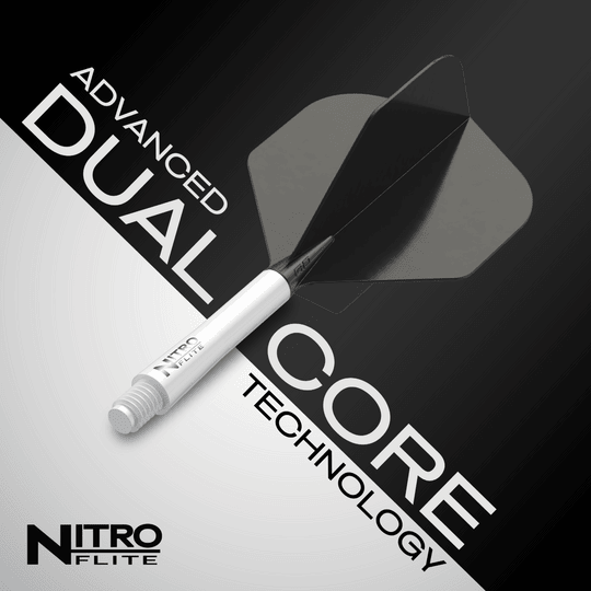 Red Dragon Nitroflite - Eje blanco, plumas negras nº 2 Das Bild zeigt das Produkt „Red Dragon Nitroflite – Weißer Schaft, schwarze No2 Flights“. Im Hintergrund steht in großen Buchstaben „Advanced Dual Core Technology“.