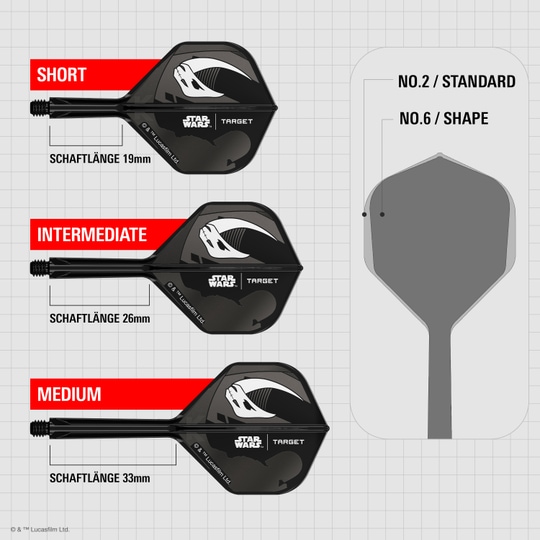 Das Bild zeigt das Target Star Wars K-Flex-Set Mandalorian No2 Standard Flights. Es handelt sich um zwei Dart Flights mit Mandalorian-Motiv aus Star Wars.