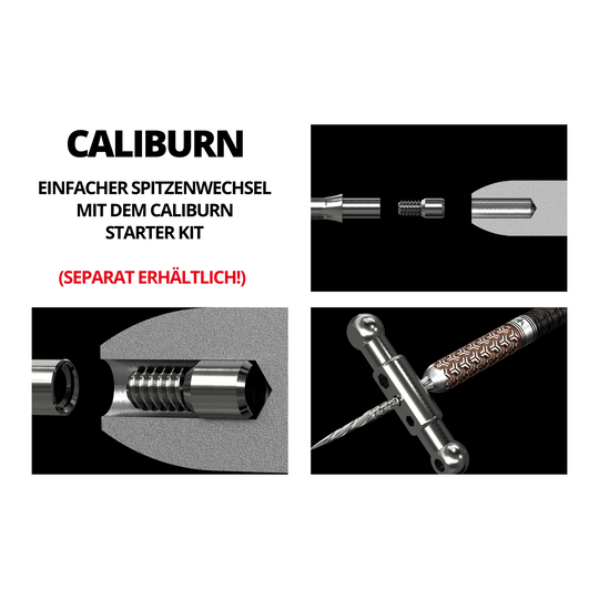Das Bild zeigt verschiedene technische Zeichnungen und Werkzeuge für das Mission Caliburn EVO System mit Steeldartspitzen. In roter Schrift steht "SEPARAT ERHÄLTLICH!" auf dem Bild.