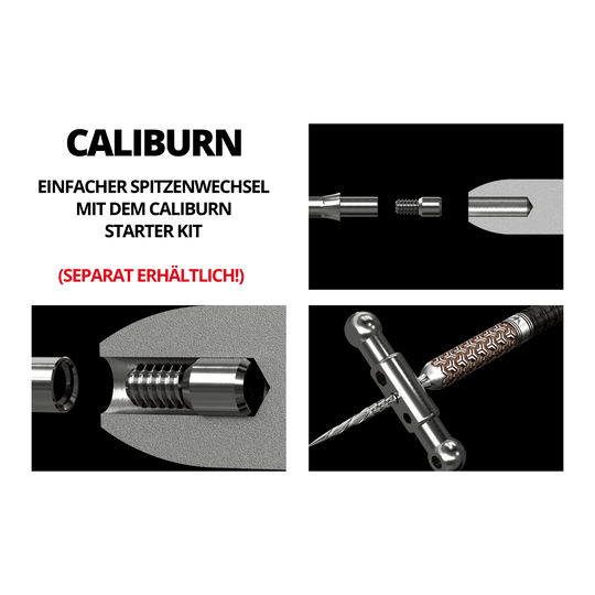 Puntas Steeldart del sistema Caliburn - Ondulada - Sin labio - Negras Das Bild zeigt verschiedene technische Zeichnungen und Werkzeuge für das Mission Caliburn EVO System mit Steeldartspitzen. In roter Schrift steht "SEPARAT ERHÄLTLICH!" auf dem Bild.