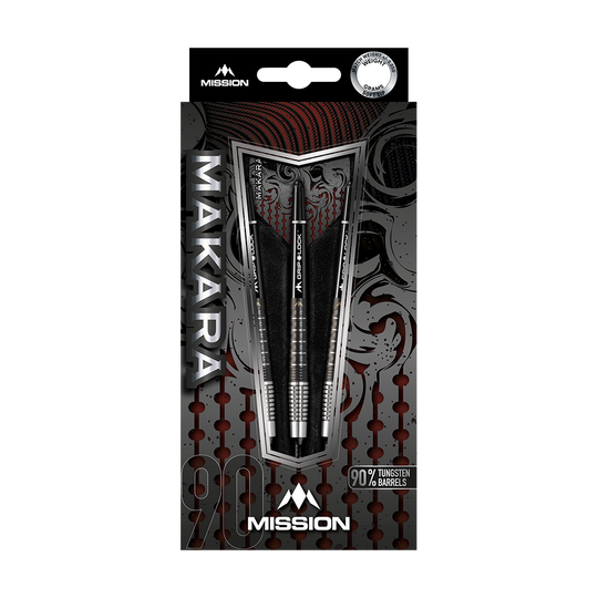Dardos blandos Mission Makara M2 - 20 g Das Bild zeigt die Verpackung der Mission Makara M2 Softdarts mit einem Gewicht von 20g. Die Darts bestehen zu 90 % aus Tungsten und sind ansprechend gestaltet.