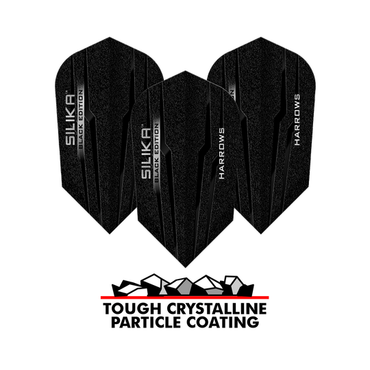 Plumas delgadas Harrows Silika Black Edition Auf dem Bild sind die Harrows Silika Black-Edition Slim Flights zu sehen. Unten steht der Text „TOUGH CRYSTALLINE PARTICLE COATING“ mit einer Grafik von Kristallen darüber.
