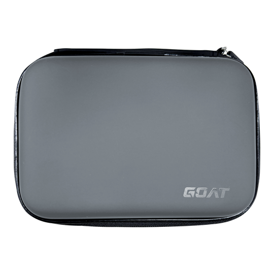 Auf dem Bild ist eine graue, rechteckige Tasche mit abgerundeten Ecken zu sehen. In der rechten unteren Ecke steht das Wort "GOAT".