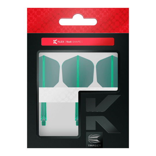 Sistema de vuelo Target K-Flex No6 - Verde Das Bild zeigt eine Verpackung mit drei grünen Dartflügen und Schäften der Marke Target. Die Packung trägt die Aufschrift "K FLEX | No6 SHAPE".