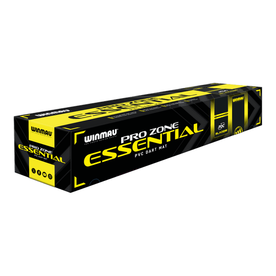 Tapete de dardos Winmau Pro-Zone Essential de PVC Die Abbildung zeigt die Verpackung der 'Winmau Pro-Zone Essential PVC Dartmatte'. Die Box ist in den Farben Schwarz und Gelb gestaltet und trägt deutlich das Produktlogo.
