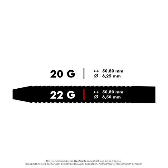 Das Bild zeigt zwei verschiedene Darts mit den Gewichten 20 g und 22 g. Beide Darts sind 50,80 mm lang, aber der Durchmesser beträgt 6,25 mm bzw. 6,50 mm.