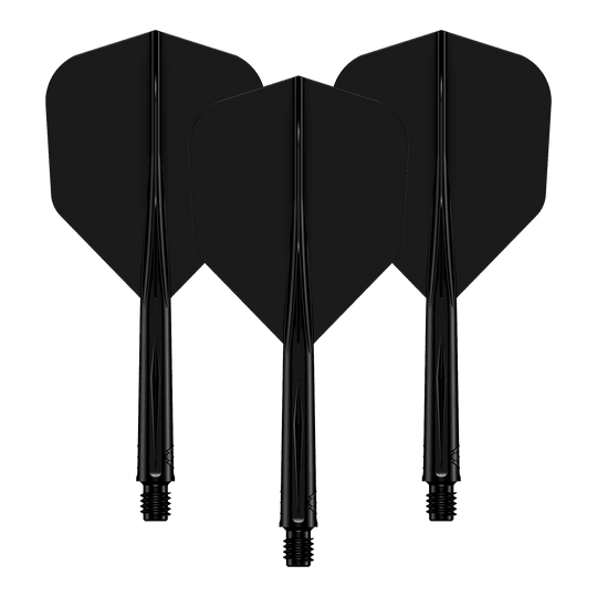 Sistema de eje de vuelo Mission Force 90 No6 - Negro Das Bild zeigt drei schwarze Dart-Flights mit daran befestigten Schäften. Sie sind nebeneinander angeordnet und haben ein schlichtes, einfarbiges Design.