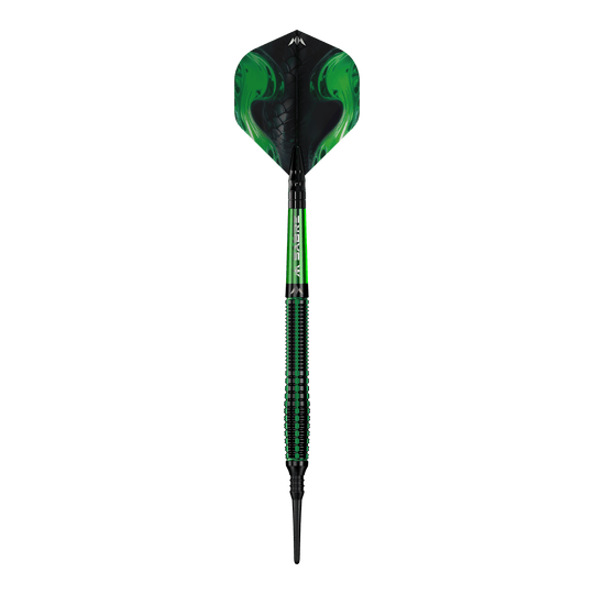 Dardos blandos Mission Venom - 20 g Das Bild zeigt einen Softdart namens "Mission Venom Softdarts - 20g". Der Dart ist überwiegend schwarz und grün gestaltet und hat ein auffälliges, modernes Design.