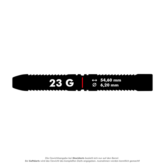 RD2173_Red_Dragon_Peter-Wright_Snakebite_World_Champion_2020_Edition_Steeldarts_5_23g_Solo Das Bild zeigt einen Steeldart mit der Aufschrift "23 G". Die Länge beträgt 54,60 mm und der Durchmesser 6,20 mm.