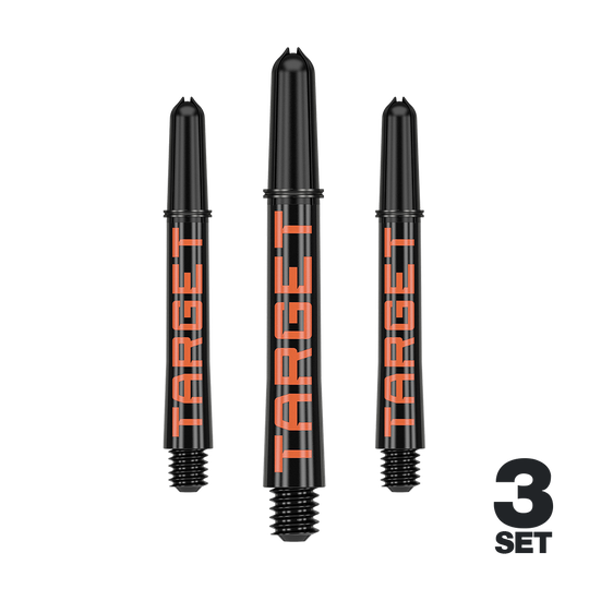Varillas Target Pro Grip TAG - 3 juegos - Negro Naranja Das Bild zeigt drei schwarze Dartschäfte mit orangener Schrift „TARGET“. In der rechten unteren Ecke steht „3 SET“.