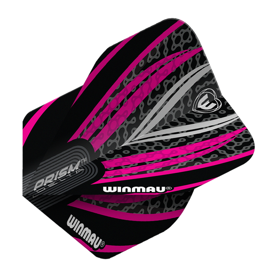 Plumas estándar Winmau Prism Delta n.° 2, color negro, blanco y rosa Das Bild zeigt ein Winmau Prism Delta No2 Standard Dartflight in den Farben Schwarz, Weiß und Pink. Das Flight hat ein auffälliges, modernes Design mit grafischen Mustern und dem Winmau-Logo.
