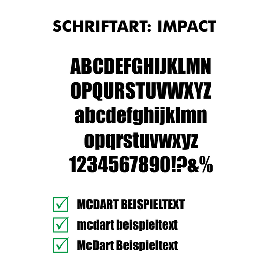 Flightdruck_Schriftart_Impact Flugbeispiel für Dart mit Impact-Schrift. Das Motiv zeigt fette Linien und klare Konturen.