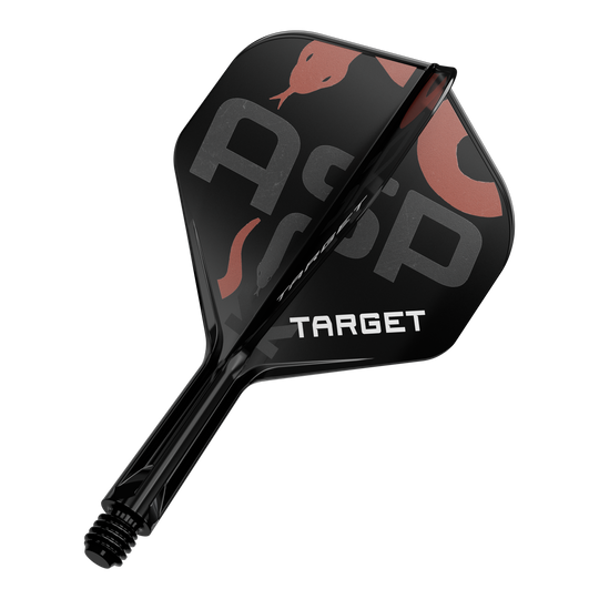 Sistema de eje de vuelo estándar Target K-Flex Nathan Aspinall No2 Das Bild zeigt ein schwarzes Dart-Flügel- und Schaftsystem mit der Aufschrift "TARGET". Auf dem Flügel sind zudem die Buchstaben "Asp" sowie eine Schlangenabbildung zu sehen.