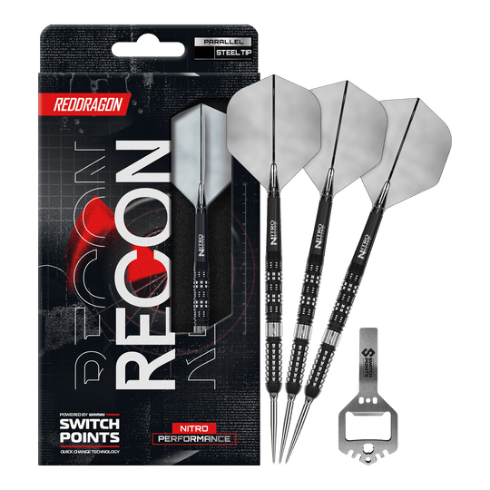 Dardos de acero paralelos Red Dragon Recon Das Bild zeigt die Red Dragon Recon Parallel Steeldarts in voller Länge. Die Steeldarts haben ein modernes Design.