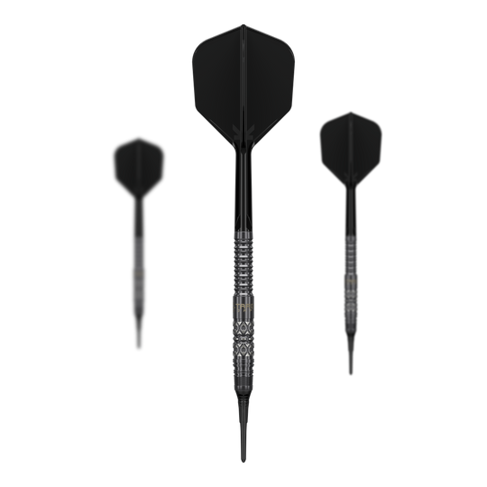 Dardos blandos Target Black Marque Creed - 21,5 g Dieses Bild zeigt das Set der Target Black Marque Creed Softdarts mit 21,5g. Mehrere Komponenten des Dartsets sind deutlich erkennbar.