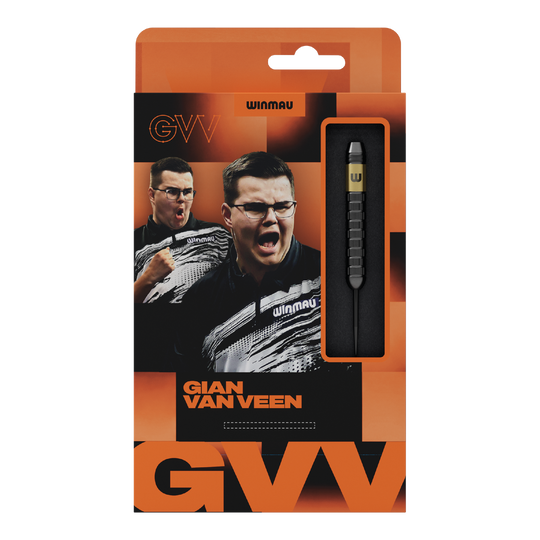 Dardos de acero Winmau Gian Van Veen Core Brass - 21 g Hier wird das Produkt Winmau Gian Van Veen Core Brass Steeldarts mit 21 Gramm gezeigt. Die Steeldarts liegen geordnet nebeneinander.