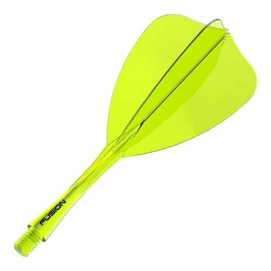 Abgebildet ist ein Dartshaft- und Flight-System in Neongelb, 28 mm lang. Der Artikelname deutet auf ein Winmau Fusion Flight Shaft System Arrow hin.