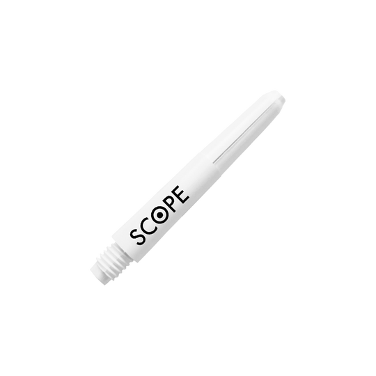 Das Bild zeigt einen weißen McDart Scope Nylon Schaft für Darts. Auf dem Schaft steht in schwarzer Schrift das Wort "SCOPE".