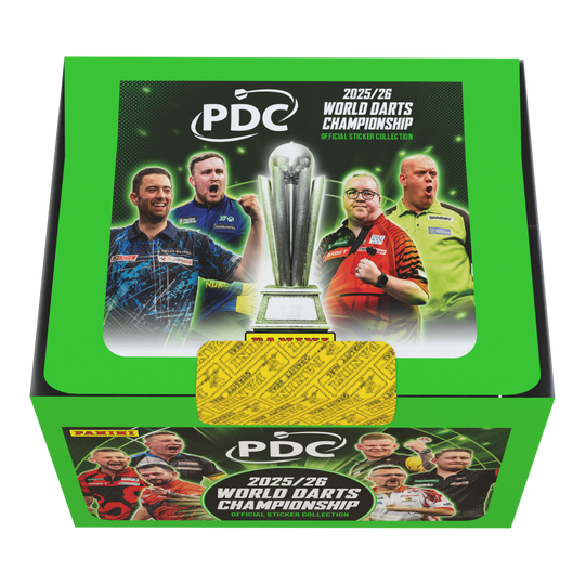 Panini PDC Campeonato Mundial de Dardos 2025/26 - Caja de cromos con 65 paquetes Die Panini PDC World Darts Championship 2025/26 Stickerbox mit 65 Tüten ist zu sehen. Das Bild gibt einen Überblick über die Verpackung und den Inhalt der Box.