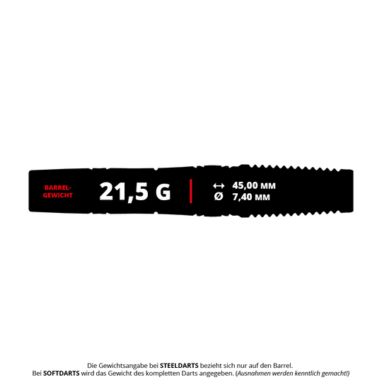 Dardos blandos Target Japan Haruki Muramatsu Rising Sun GEN9 2BA - 21,5 g Das Bild zeigt die Produktdaten der Target Japan Haruki Muramatsu Rising Sun GEN9 2BA Softdarts mit einem Barrelgewicht von 21,5 Gramm. Die Länge beträgt 45,00 mm und der Durchmesser 7,40 mm.
