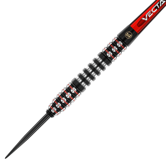 1483_Winmau_Joe_Cullen_Ignition_Series_Steeldarts_2WrUy7HU6NmAFh Das Bild zeigt einen modernen Steeldartpfeil mit einem schwarz-silbernen Griff und roten Akzenten. Der Schaft trägt die Aufschrift „VECTA“ auf rotem Hintergrund.