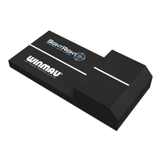 Winmau SightRight 3 - Compact Das Bild zeigt das Produkt "Winmau SightRight 3 - Compact", ein Hilfsmittel für Dartspieler. Es ist schwarz und hat weiße Linien sowie die Aufschriften "Winmau" und "SightRight 3" auf der Oberfläche.