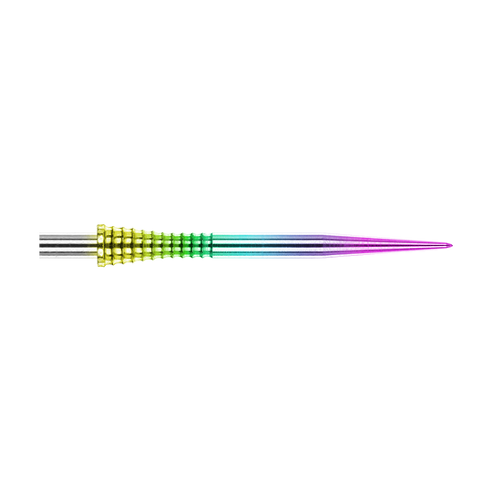 Puntas de dardos de acero arcoíris con agarre Raptor de Red Dragon de 30 mm Auf dem Bild ist eine Red Dragon Raptor Gripped Rainbow Steeldartspitze mit einer Länge von 38 mm zu sehen. Die Spitze besitzt einen farbigen Regenbogeneffekt und eine geriffelte Grifffläche.