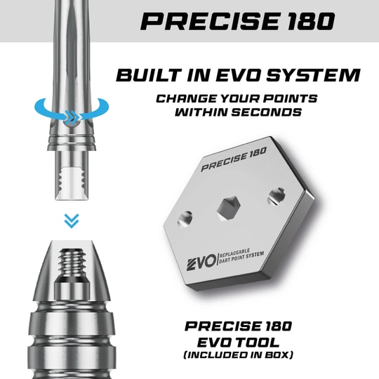 Dardos de acero Precise 180 MRV1 Auf dem Bild sind die Precise 180 MRV1 Steeldarts - 23g zu sehen. Diese Darts sind für ihre Präzision und Qualität bekannt.