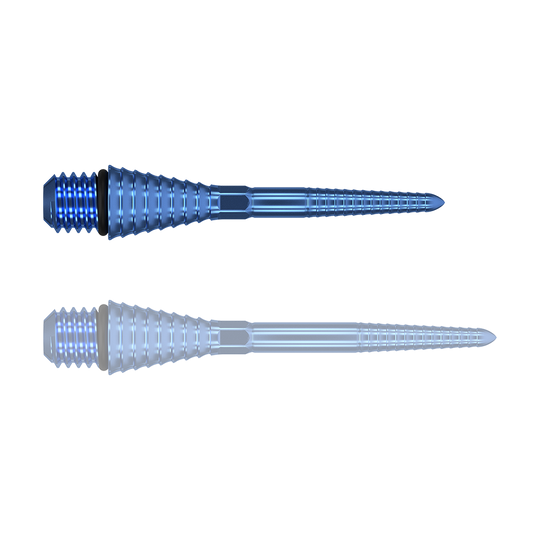 380176_Target_Titanium_Swiss_Point_Grooved_Conversion_Points_Blau_26mm_1TwbDmqfoVppg9 Das Bild zeigt zwei blaue, gerillte Spitzen aus Metall mit Gewinde am einen Ende. Sie liegen parallel nebeneinander auf einem transparenten Hintergrund.