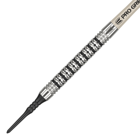 Dardos blandos Target EXO 11 Das Bild zeigt den Target EXO 11 Softdart. Der Dart hat eine silberne, gerillte Griffzone und eine schwarze Kunststoffspitze.