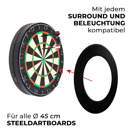 Dies ist der kompakte Schallschutz Karella für Steeldartboards. Der Schallschutz hilft, den Lärm beim Dartspiel zu verringern.