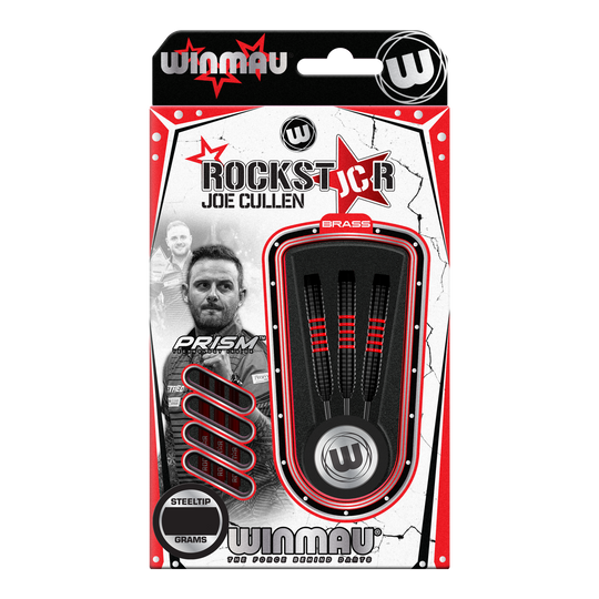 Dardos de acero de latón Winmau Joe Cullen - 20 g Das Bild zeigt die Verpackung der "Winmau Joe Cullen Brass Steeldarts - 20g". In der Verpackung sind drei schwarze Steeldarts mit roten Akzenten zu sehen.
