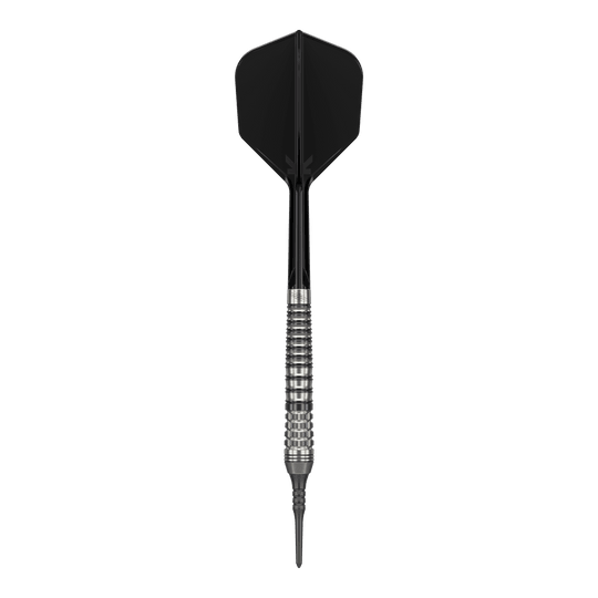 Das Bild zeigt einen schwarzen Softdart namens "Target Japan Black Marque Renegade 4" mit einem Gewicht von 19g. Der Dart hat ein elegantes Design mit einem strukturierten Griff und schwarzer Spitze sowie schwarzem Flight.