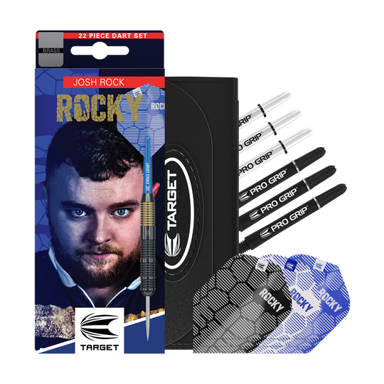 Dardos de acero y latón Target Josh Rock - 22 g Das Bild zeigt das Produkt "Target Josh Rock Brass Steeldarts - 22g" mit Verpackung, Dartpfeilen und Zubehör. Das Set enthält mehrere Flights und Schäfte sowie ein Etui.