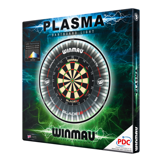 Winmau Plasma LED Dartboard Light auf dem Bild zu sehen. Es ist eine LED-Beleuchtung für Dartboards.